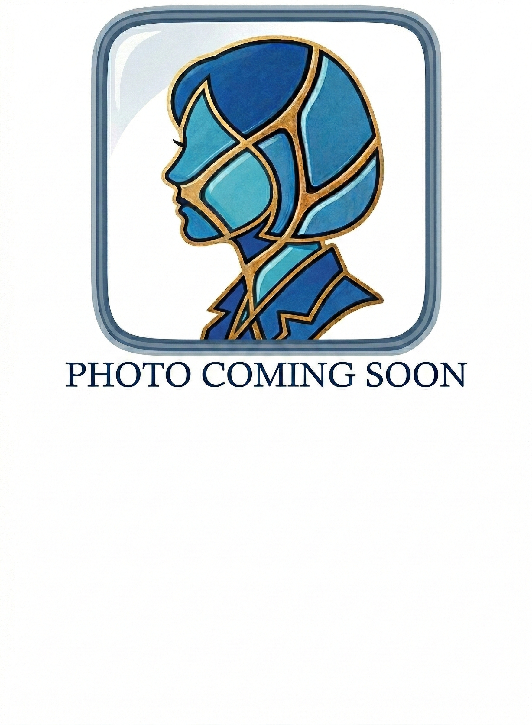 Placeholder image with a stylized illustration of a girl's face and hair in blue shades, within a rounded square, and text below stating "PHOTO COMING SOON".
