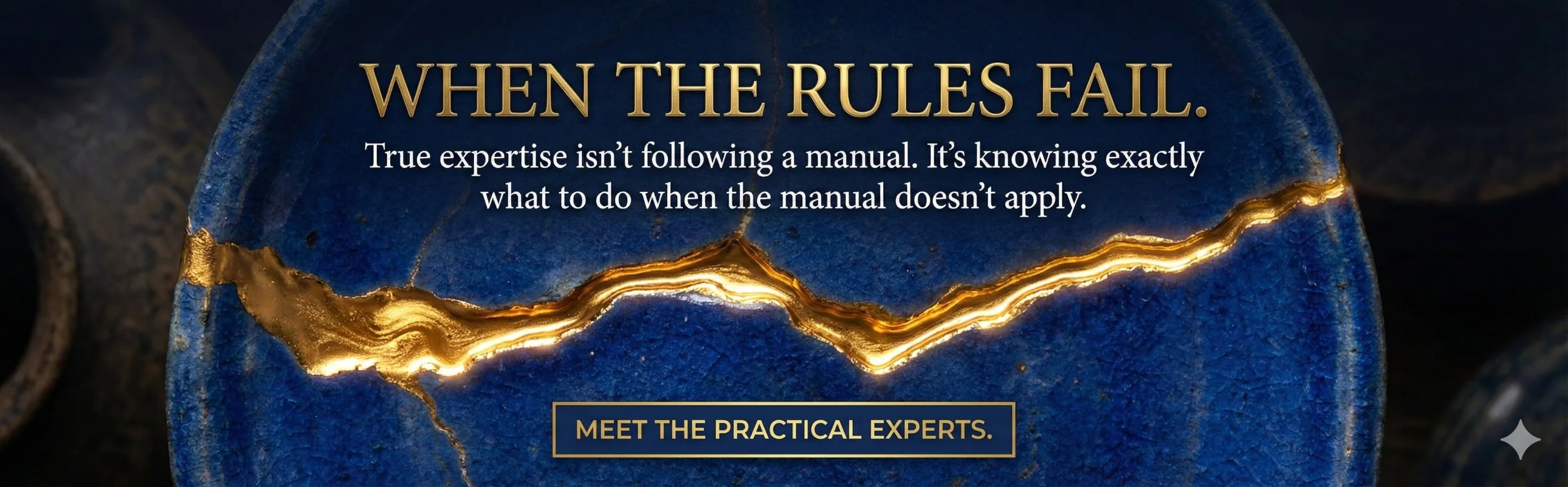 Close-up of a blue gemstone with gold veins, accompanied by text about expertise and practical knowledge, and a call-to-action button saying 'Meet the Practical Experts'.