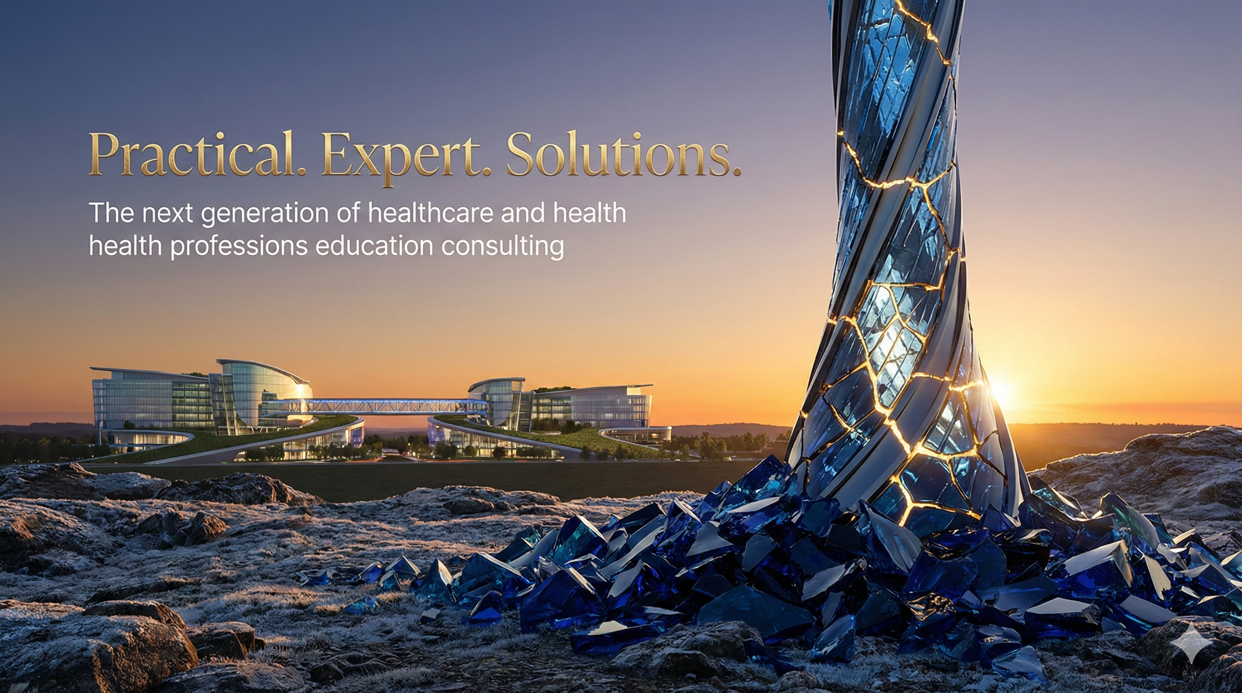 A modern glass sculpture with cracks and golden lines, set against a sunset with a futuristic healthcare building in the background and the text 'Practical. Expert. Solutions.' The Next generation of healthcare and healthprofessions education consult