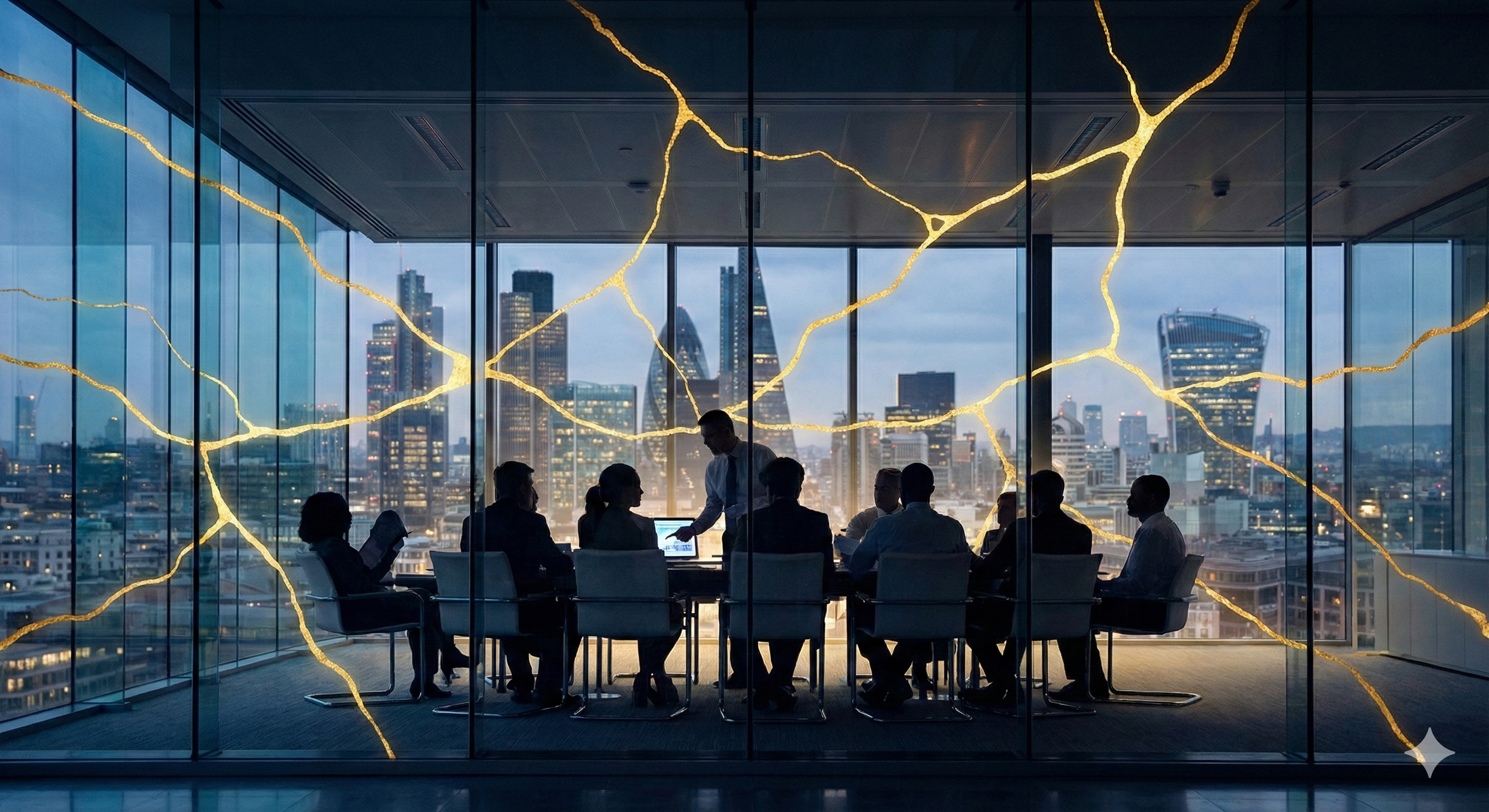 Business meeting in a glass conference room with a city skyline view at dusk, featuring golden lightning patterns on the glass walls.