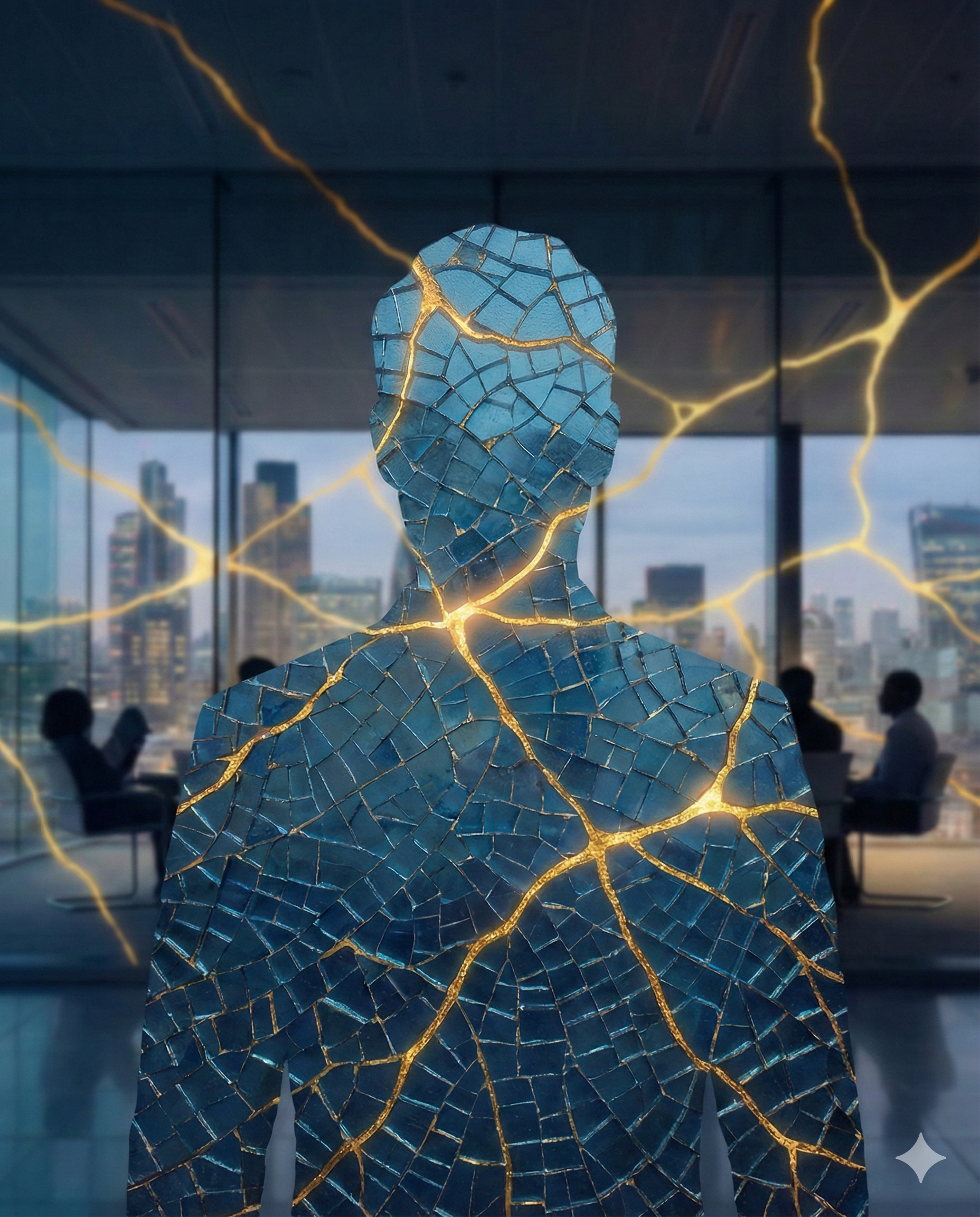 A silhouette of a person made of cracked, glowing glass with illuminated cracks, set against a city skyline through large windows.