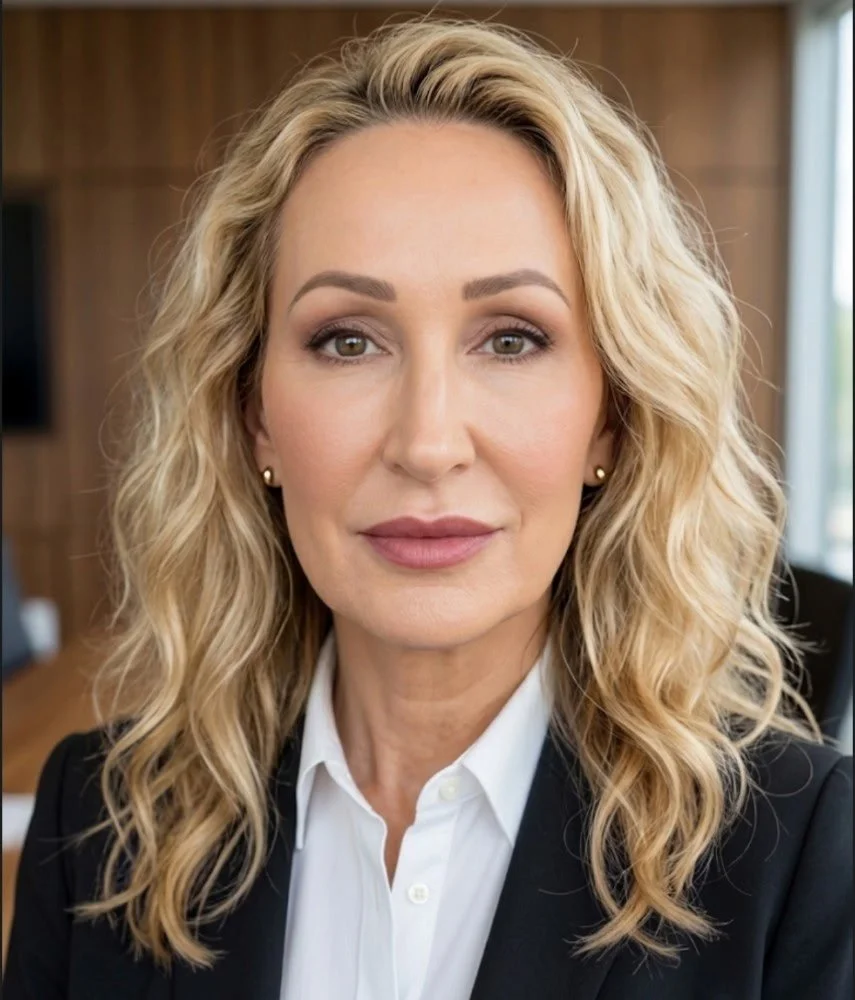 Close-up of a woman with blonde, curly hair, wearing a white shirt and black blazer, looking at the camera in a professional setting.