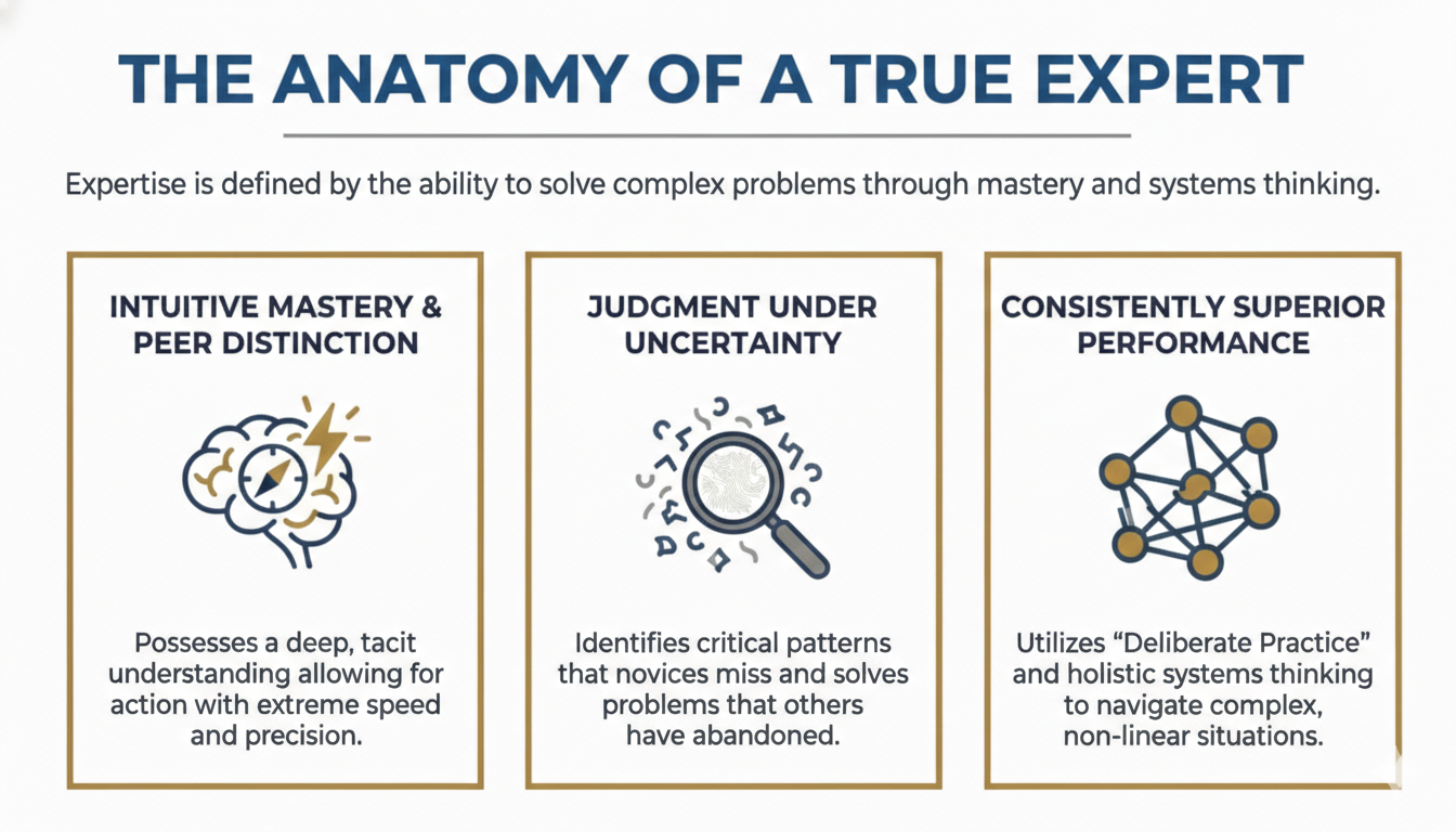 Infographic titled "The Anatomy of a True Expert" with three sections: 1) Intuitive mastery & peer distinction, featuring a brain with a lightning bolt, describing deep, tacit understanding for quick, precise action; 2) Judgment under uncertainty, with a magnifying glass over scattered letters, identifying critical patterns to solve overlooked problems; 3) Consistently superior performance, showing a network of interconnected nodes, utilizing holistic systems thinking to navigate complex situations.