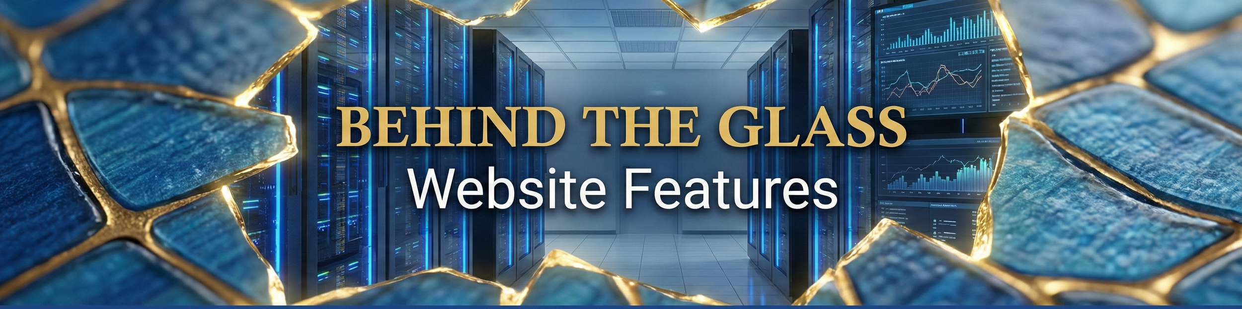 A data center with blue server racks and digital graphs on screens seen through a shattered blue glass with gold edges, illustrating behind the scenes website features.