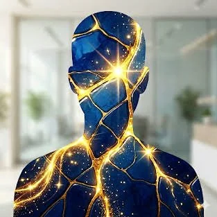 A silhouette of a person with a cosmic, galaxy pattern and golden lightning cracks.