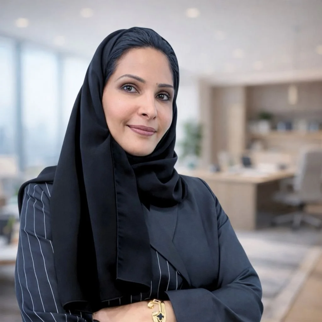 A confident woman with dark hair and eyes, wearing a black headscarf and a black blazer with pinstripes, standing in a modern office environment.