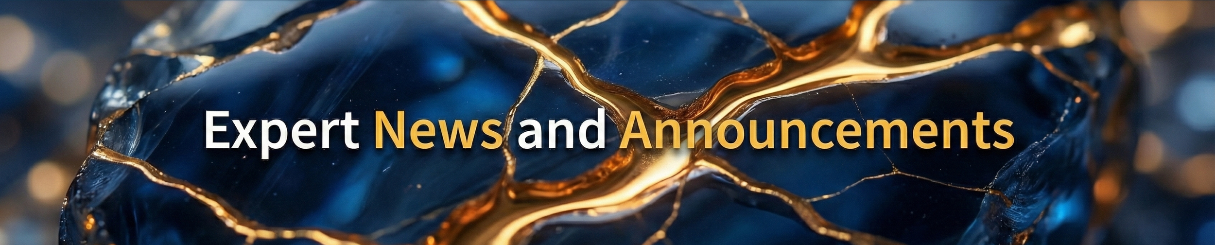 Close-up of a blue and gold textured surface with the text 'Expert News and Announcements' overlayed.