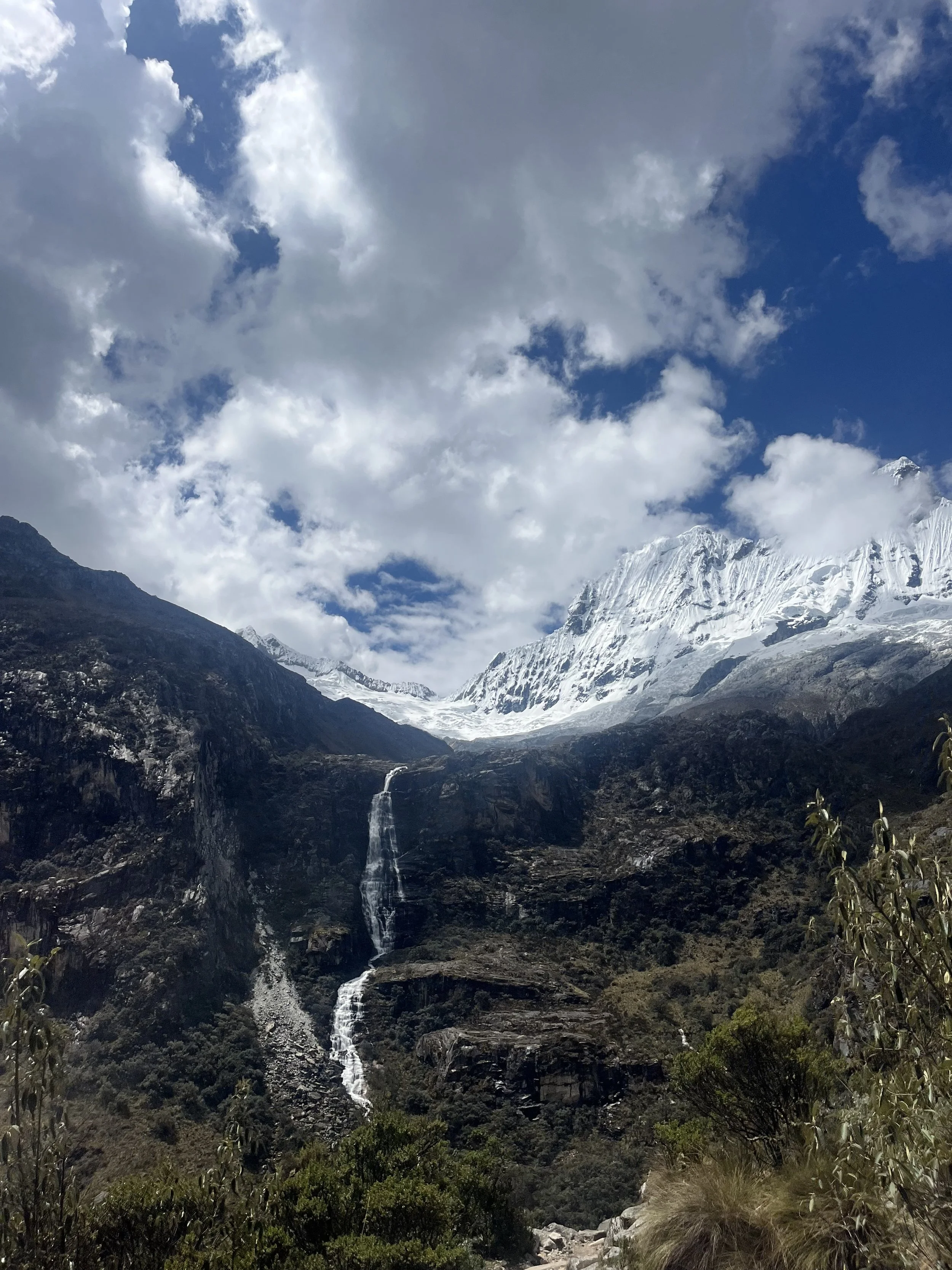 Snowy mountain peaks with clouds overhead, a waterfall cascading down a dark rocky cliff, and green bushes in the foreground.