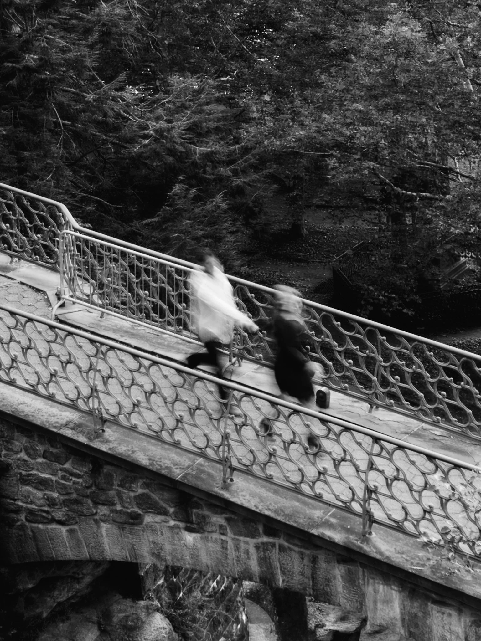 Two people crossing a decorative metal bridge over a river, blurred motion, in a wooded area.