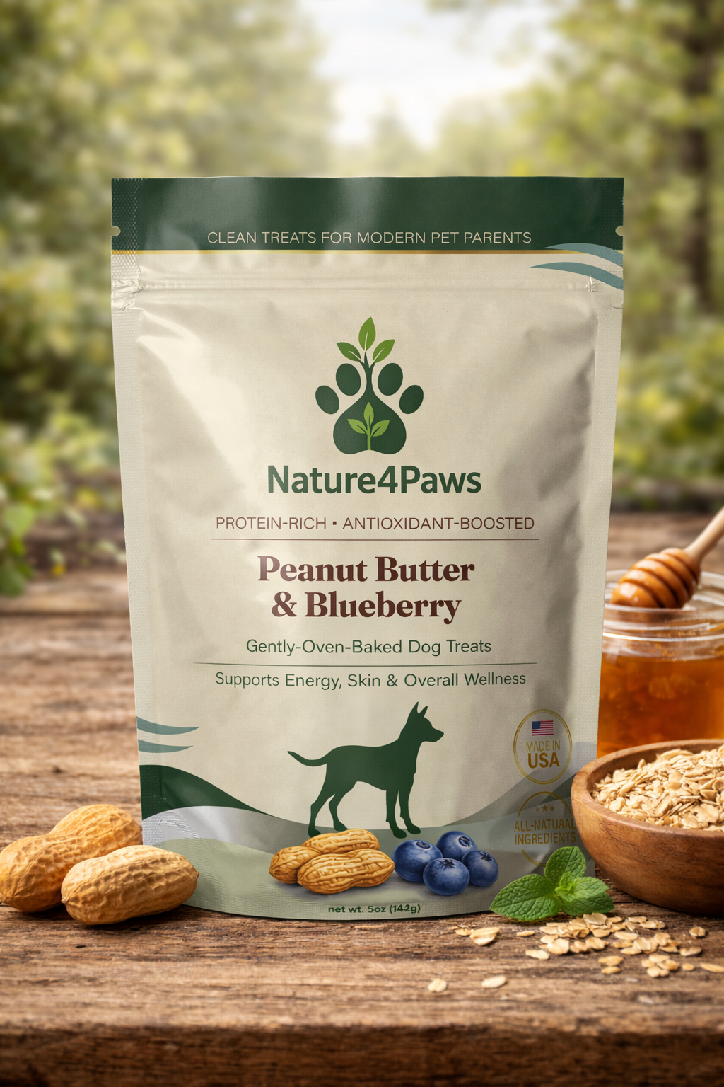 Peanut butter and blueberry dog treats pouch with natural ingredients Nature4Paws