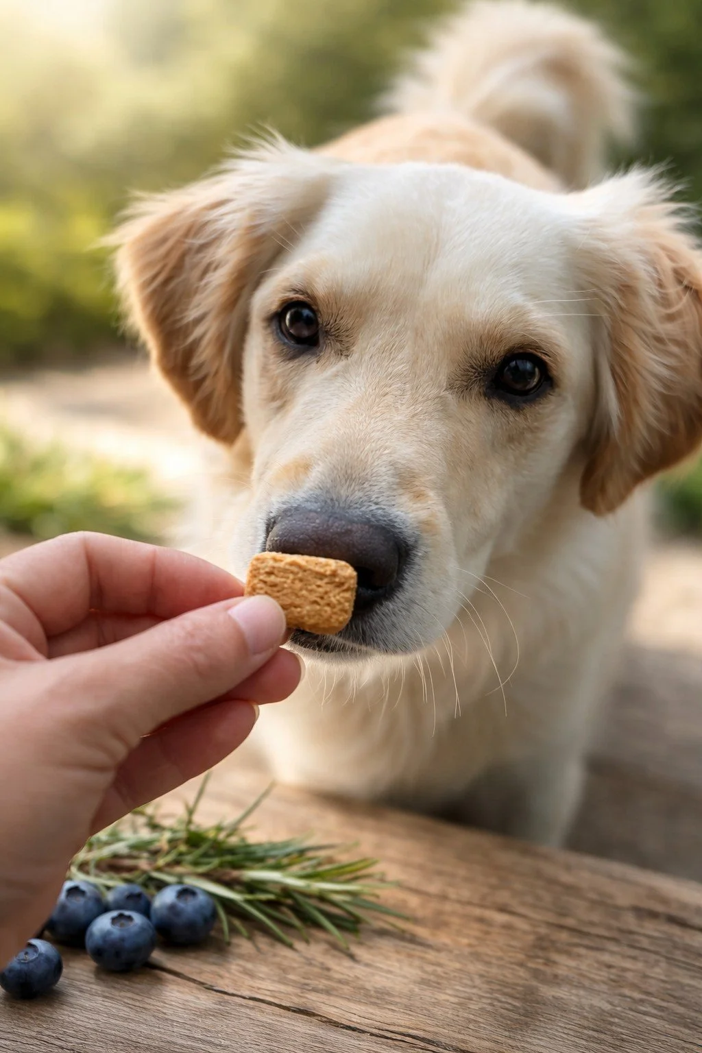 Natural dog treat about 1 inch size held in front of dog nose Nature4Paws.