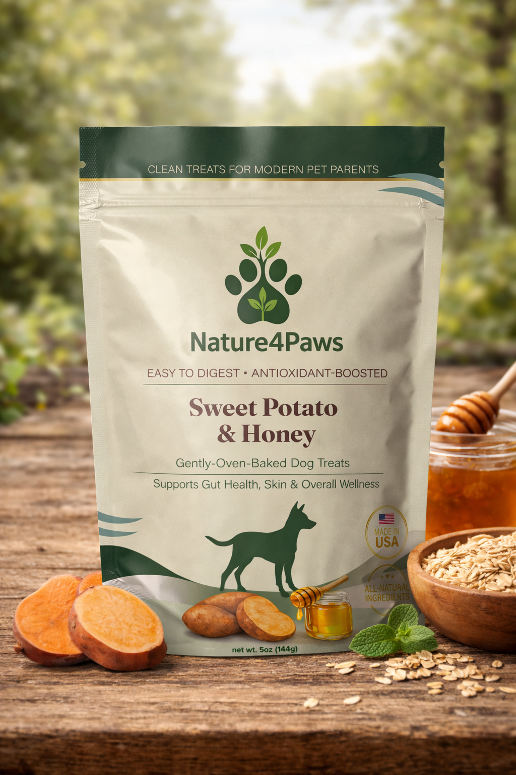 A package of Nature4Paws sweet potato and honey dog treats with sweet potatoes, honey jar, and oatmeal in the foreground on a wooden surface with honey and oatmeal in the background.