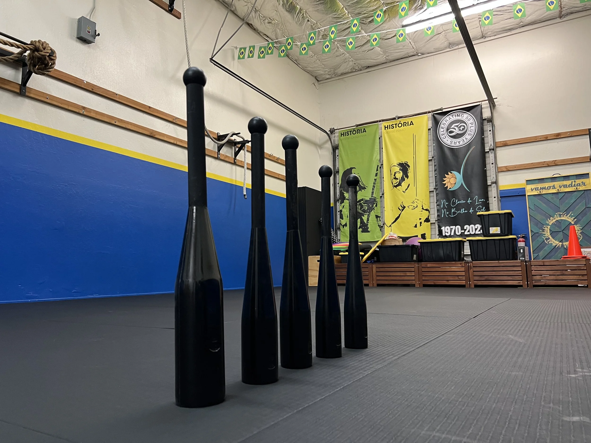 Indoor gym with clubbells lined up on a gym mat