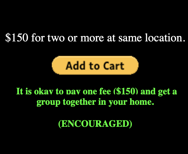 Text on a black background offering a group home setup for $150, with an orange 'Add to Cart' button and green text encouraging the fee for group living.