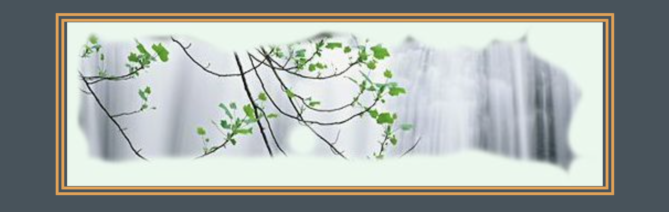 Framed artwork of a waterfall with green vines in the foreground.