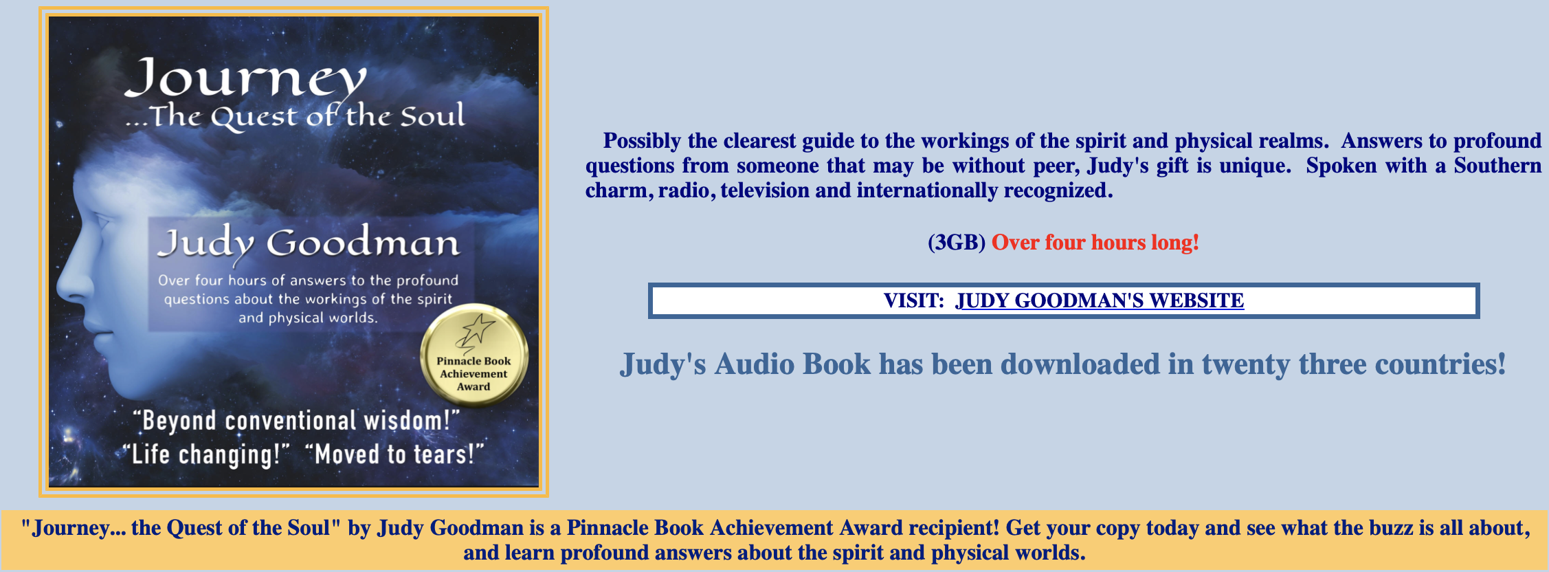 Audiobook cover for 'Journey...The Quest of the Soul' by Judy Goodman featuring a profile of a human face integrated with a starry night sky and clouds, with text detailing the book's content and awards.