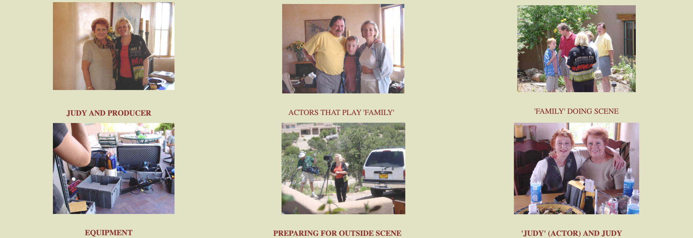 Collage of six photos showing behind-the-scenes moments from a film production featuring actors, crew, and equipment, with captions indicating roles and scenes.