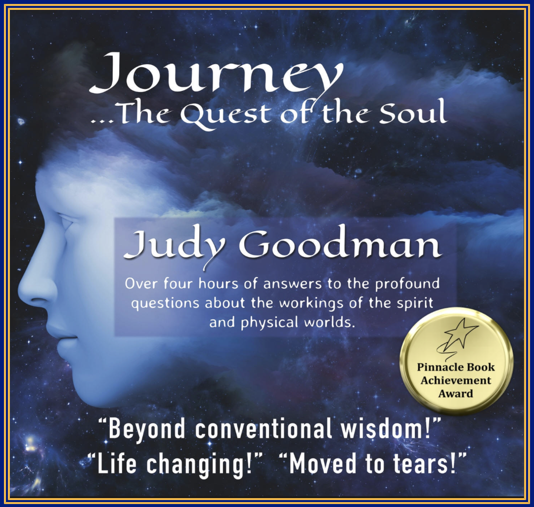 Cover of audiobook titled "Journey ... The Quest of the Soul" by Judy Goodman. The background features a blue-toned profile of a face with a cosmic, starry sky and clouds. A gold medal emblem indicates the Pinnacle Book Achievement Award.