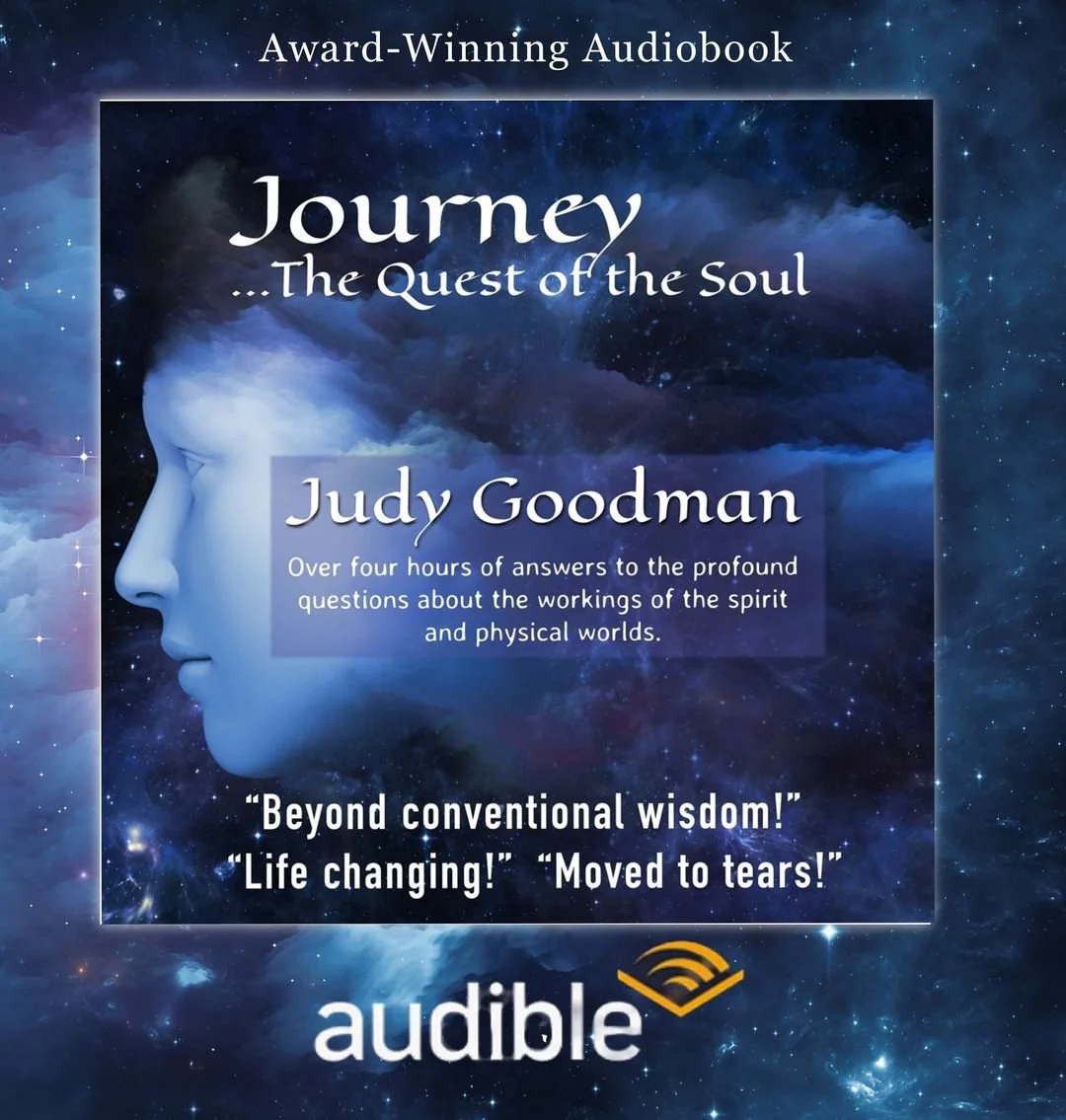 Cover of an audiobook titled "Journey: The Quest of the Soul" by Judy Goodman, with a cosmic background and a profile of a woman's face, and the Audible logo at the bottom.