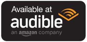 Audible logo with a black background and text promoting availability at Audible, an Amazon company.