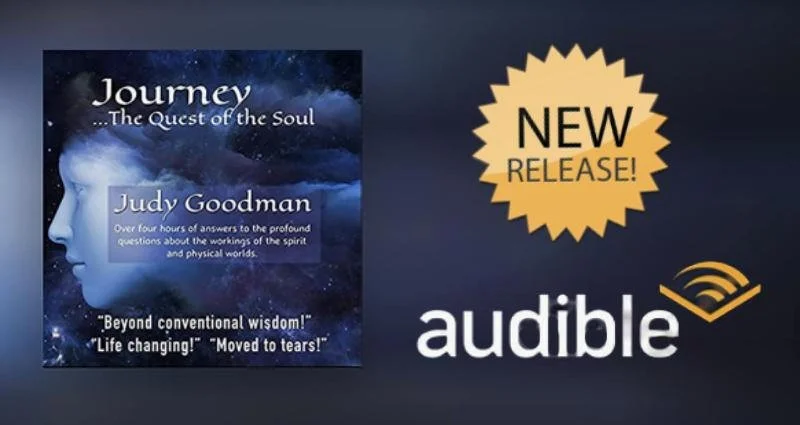 Cover of the book 'Journey...The Quest of the Soul' by Judy Goodman next to an Audible advertisement with a gold starburst shape that says 'New Release!'
