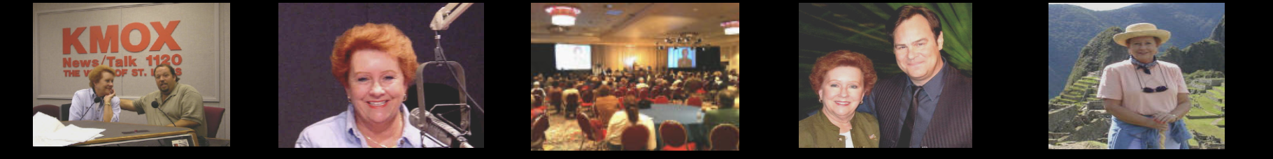 A collage of five photos featuring Judy Goodman in various settings, including a radio studio, leading a conference, attending a formal event, a photo with Dan Aykroyd, and leading a class at Machu Picchu.