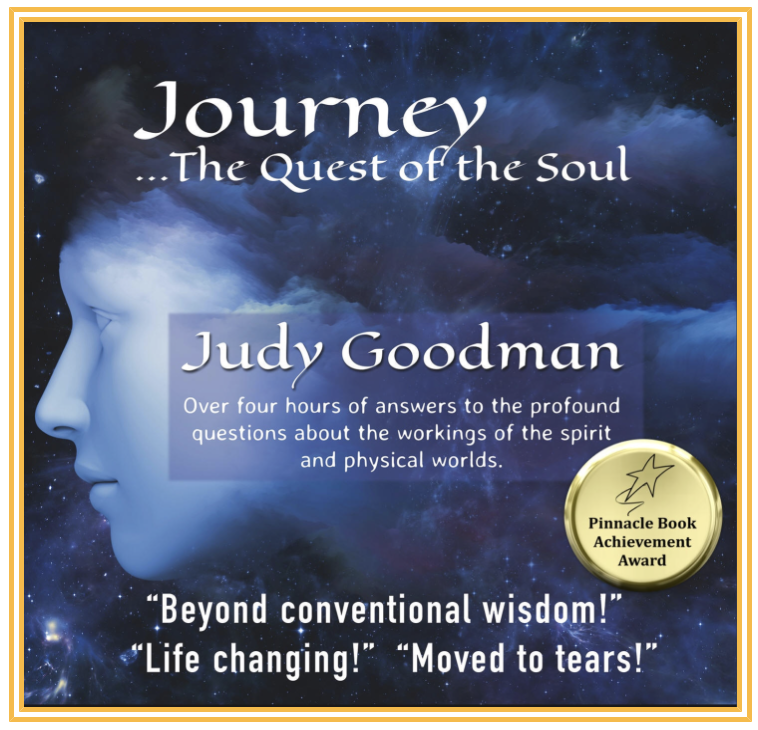 Audiobook titled "Journey ...The Quest of the Soul" by Judy Goodman, featuring a profile of a woman's face merged with a starry night sky, with a gold seal that reads "Pinnacle Book Achievement Award" and praise quotes about the book.