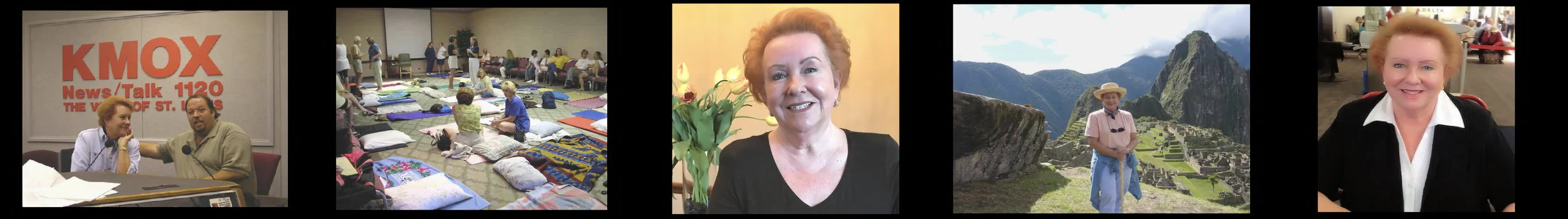 Six photos: Judy Goodman guest host at KMOX radio station, teaching a large group of people in a meditation class, Judy smiling indoors and at Machu Picchu.