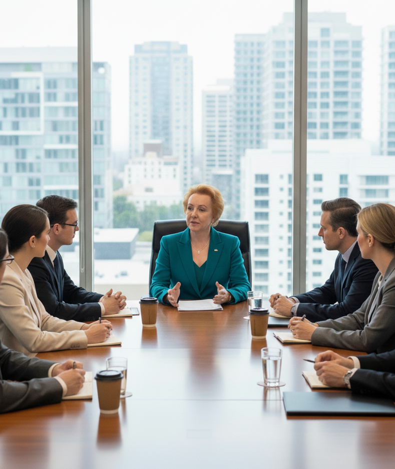 Judy Goodman in a teal blazer speaking during a business meeting with six people seated around a conference table in a high-rise office.