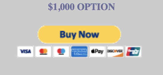 A digital graphic offering a $1,000 option with a yellow 'Buy Now' button and various payment method icons, including Visa, Mastercard, American Express, Discover, Apple Pay, and other credit card services.