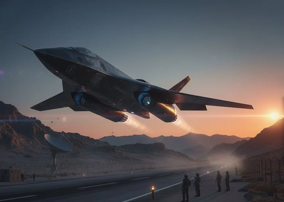 Military aircraft flying low over a desert military base at sunset, with soldiers watching and a satellite dish in the background.