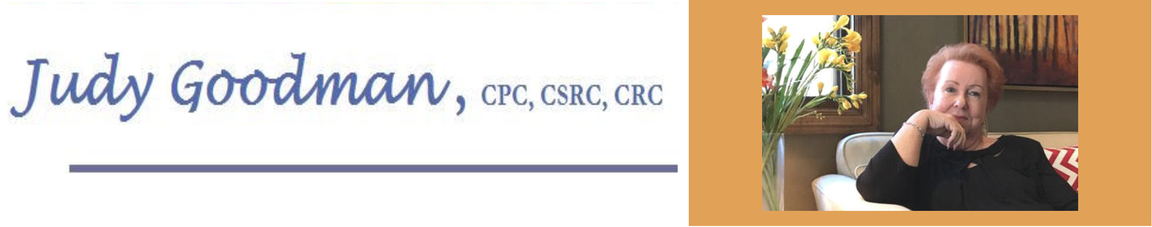 Business card for Judy Goodman, featuring her name, credentials (CPC, CSRC, CRC) on a white background with a purple line, and a photo of Judy sitting on a chair with a hand on her face, in a room with a window, flowers, and a painting.