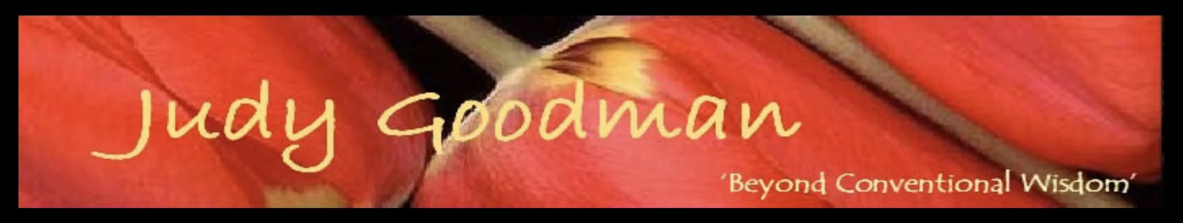 A banner with a close-up of red leaves and the text 'Judy Goodman' and the quote 'Beyond Conventional Wisdom'.
