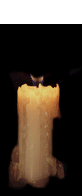 A lit candle with a tall, uneven flame against a dark background.