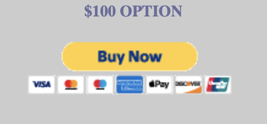 Gray background with purple text reading '$100 OPTION' and a yellow 'Buy Now' button, followed by various payment method icons including Visa, Mastercard, American Express, Discover, Apple Pay, Discover, and Lowe's.