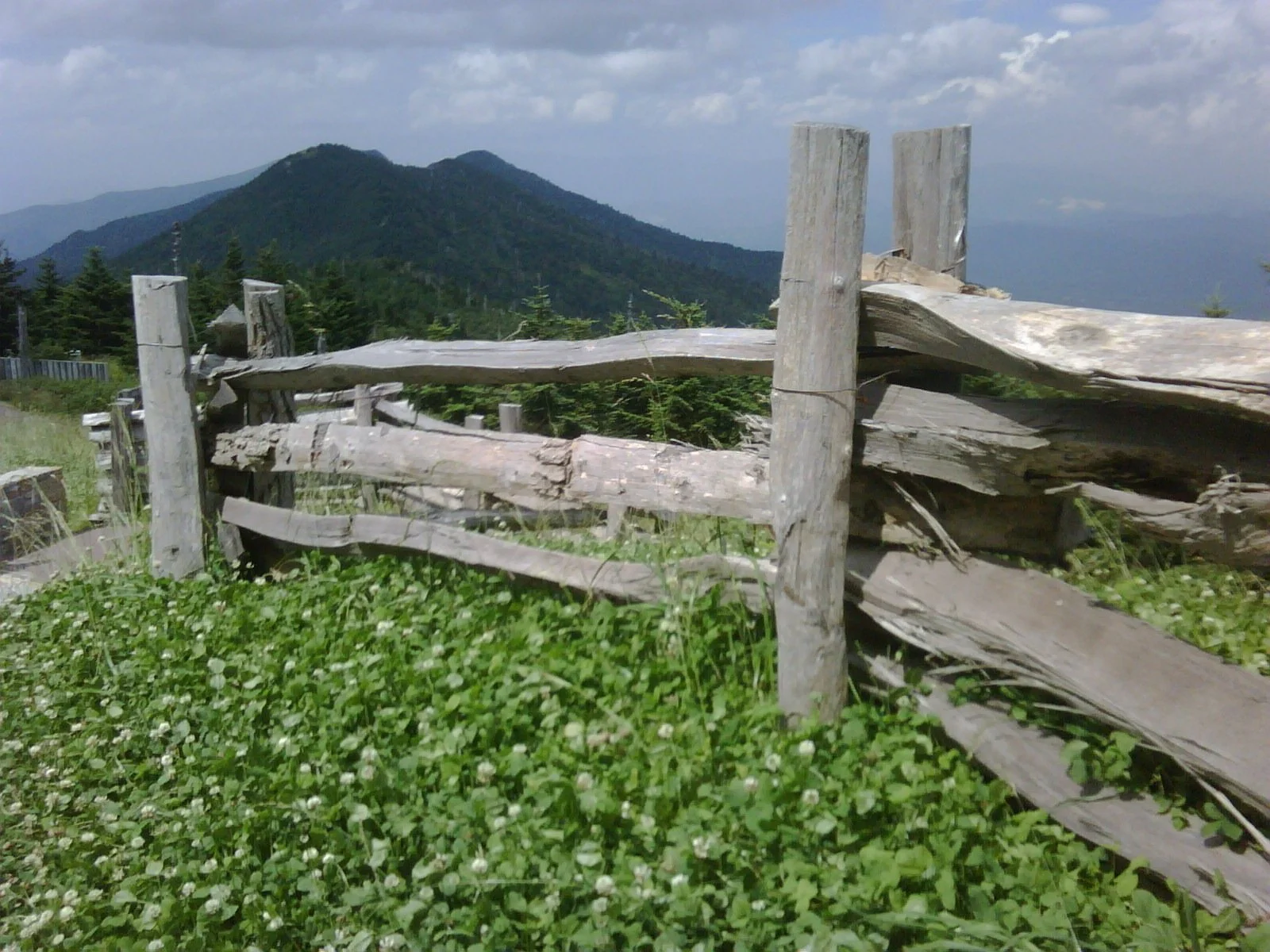A damaged wooden fence with green grass and white flowers in the foreground, forested North Carolina mountains in the background under a partly cloudy sky.