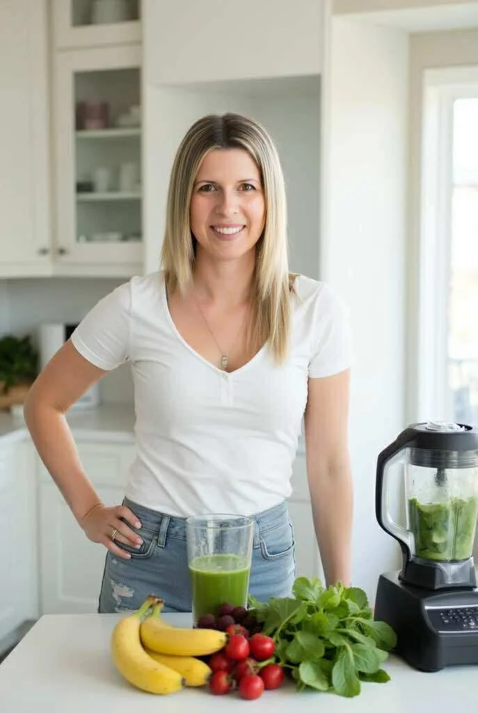 Woman standing in kitchen next to blender filled with green smoothie, surrounded by bananas, grapes, tomatoes, and leafy greens.