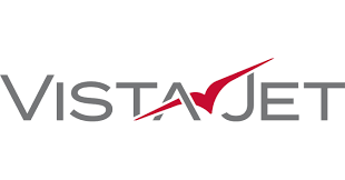 VistaJet logo with stylized red jet and gray text.