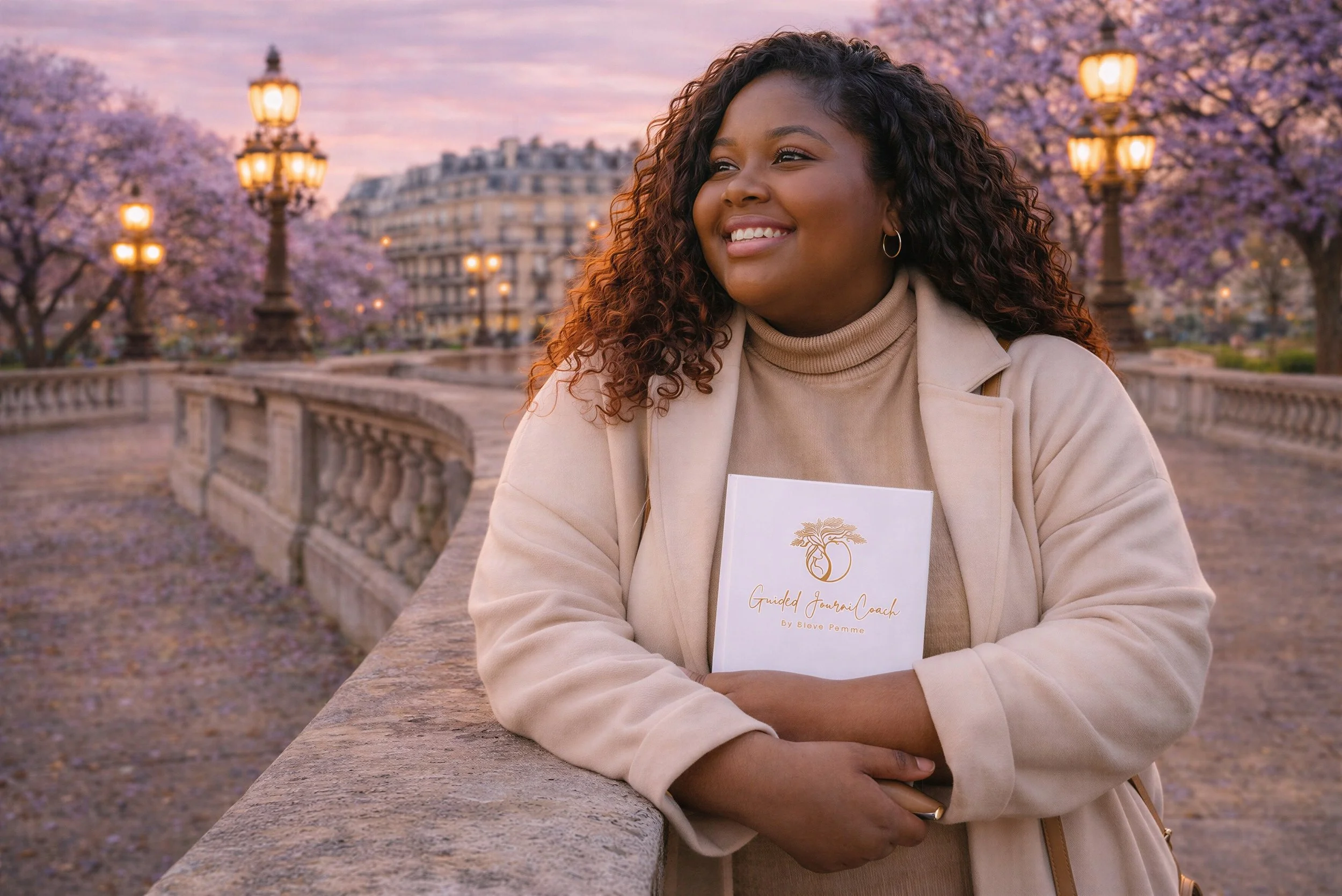 A woman standing outdoors at sunset, holding a white Élevé Femme journal.