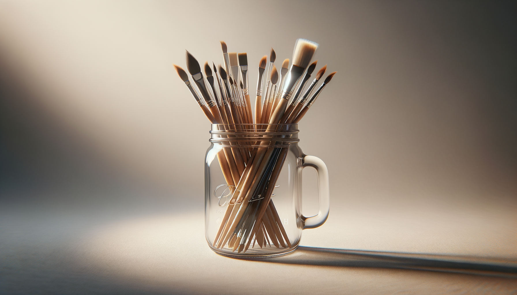 A glass mug filled with various paintbrushes, casting shadow on a light surface with soft lighting.