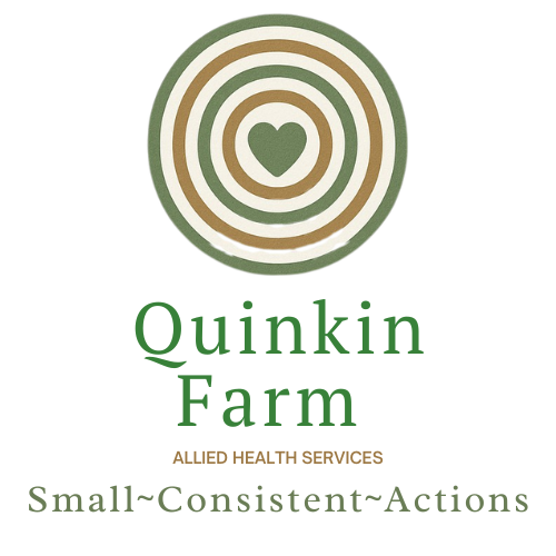 A playful illustration of a stack of hardcover books with a circular emblem on top, featuring concentric circles with a heart in the center, colored in shades of green, beige, and brown.