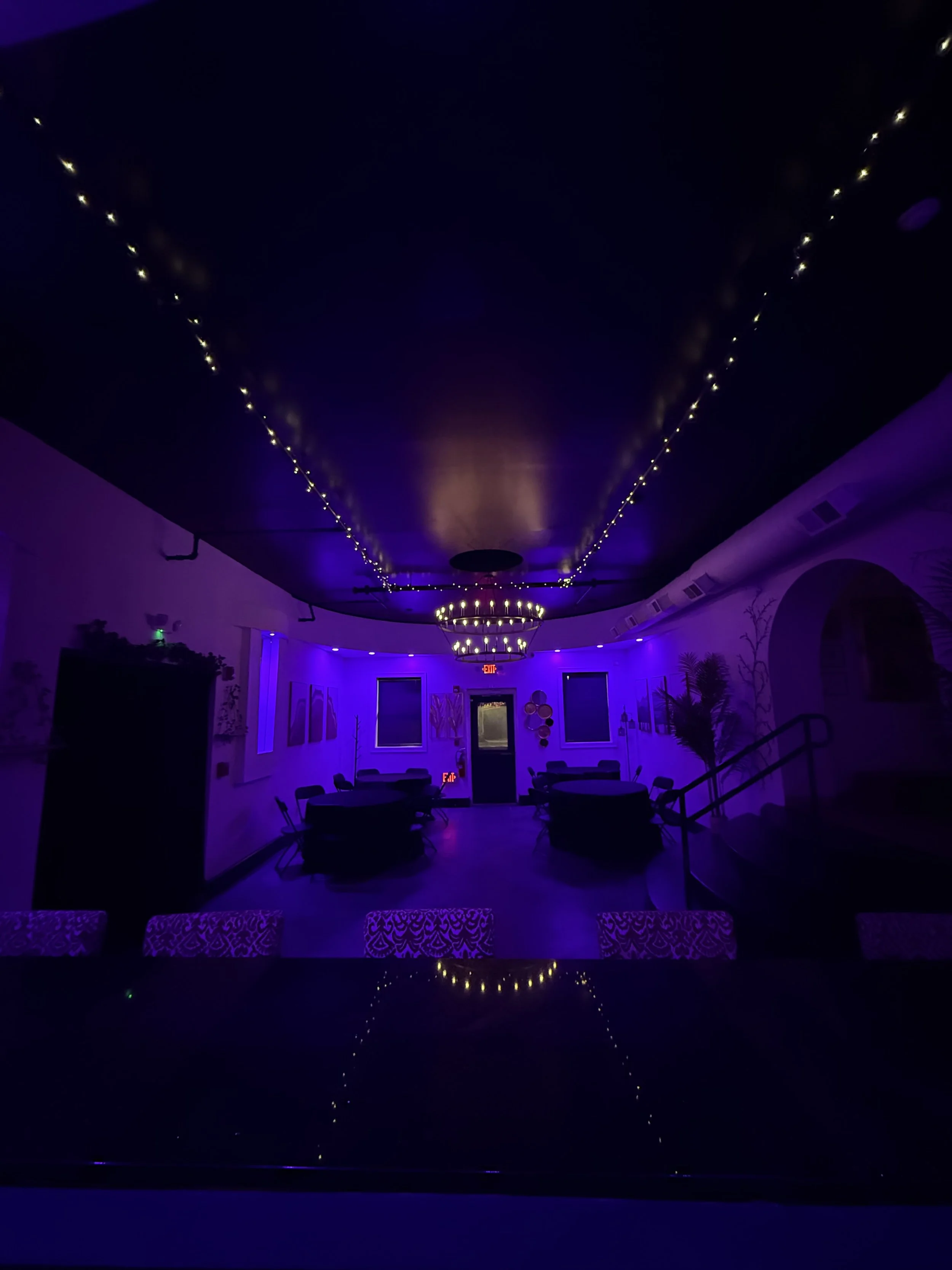 A dimly lit room with purple lighting, string lights hanging from the ceiling, round tables with chairs, and decorative wall art and plants, suggesting a lounge or event space.