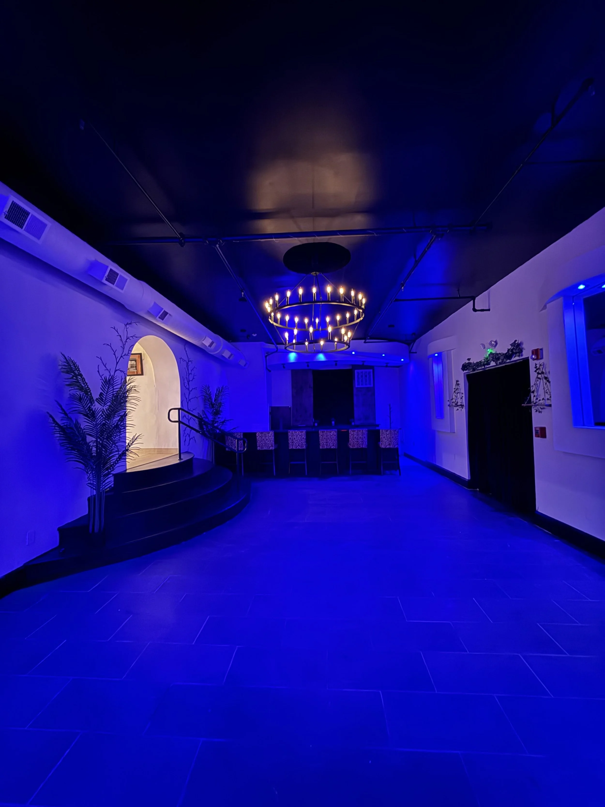 Empty indoor room with blue lighting, chandelier hanging from black ceiling, bar counter with chairs, potted plants near stairs, and decorated walls.