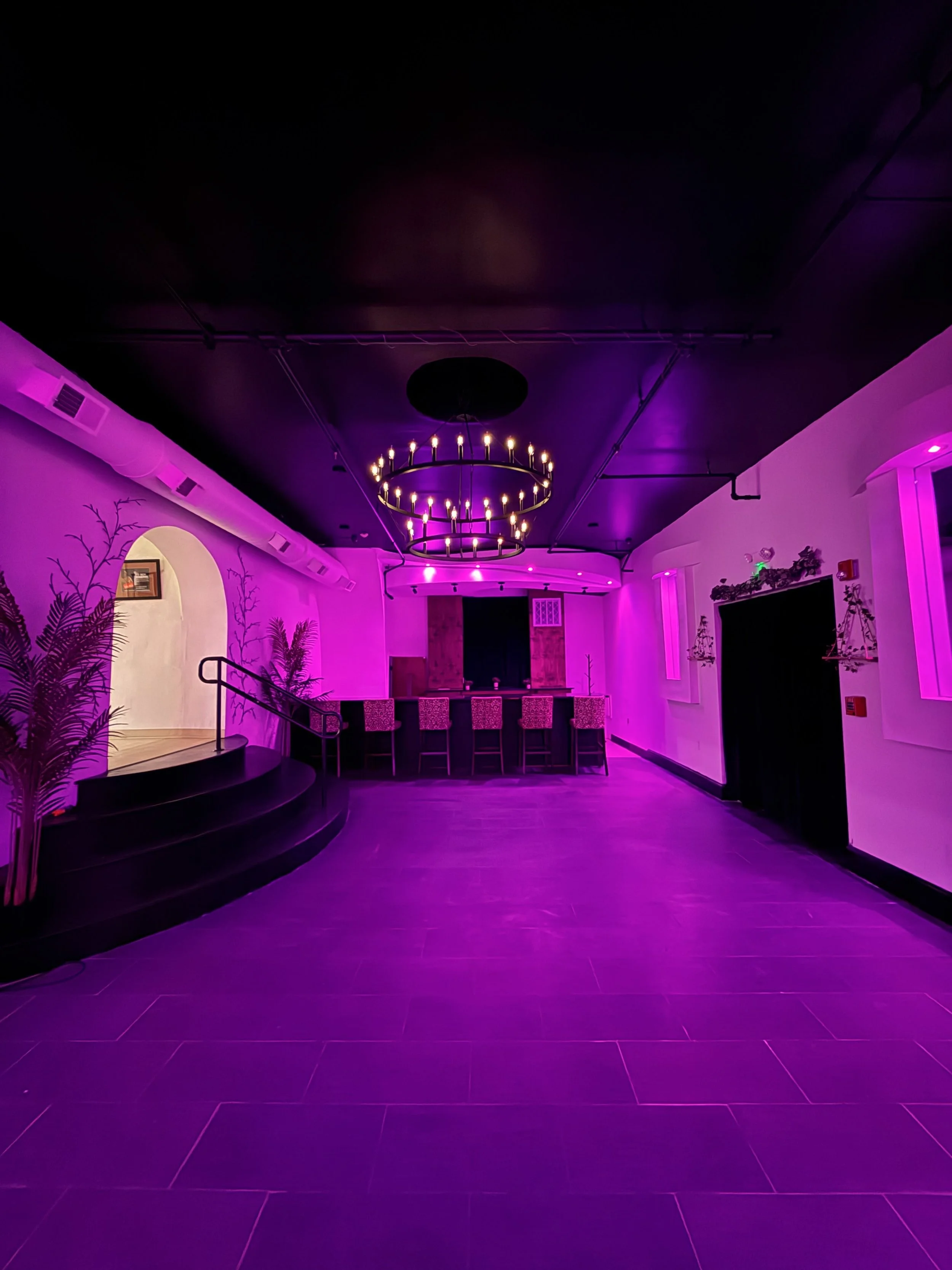 Empty room illuminated with purple LED lights, featuring a circular chandelier, a small stage with steps, a bar counter with high chairs, and plants along the walls.