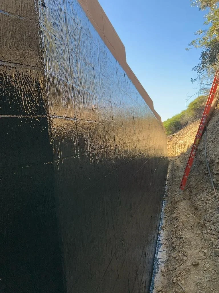 Close-up of a freshly coated black wall or surface beside a dirt path with a ladder leaning against the slope and trees in the background.