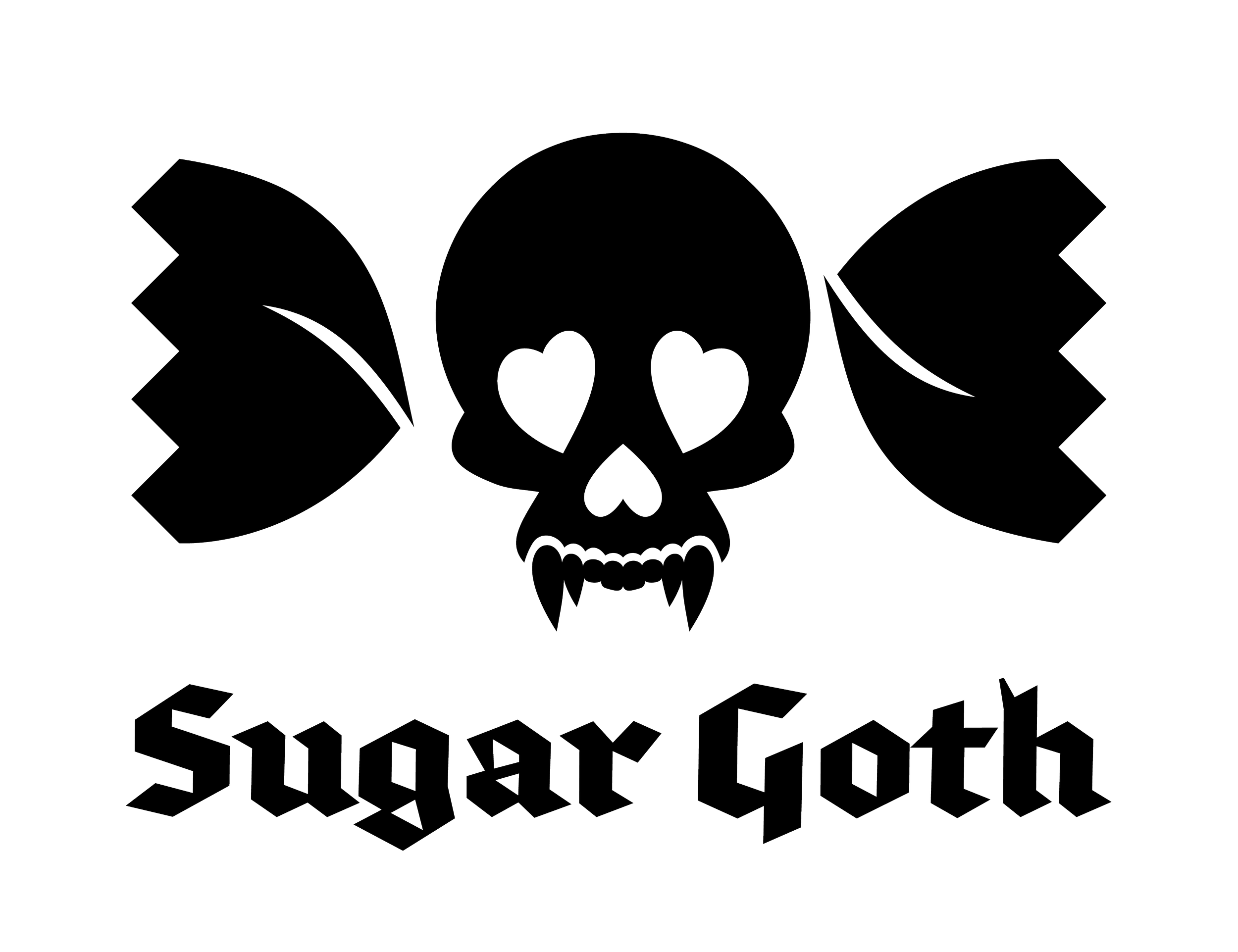 Line drawing of a candy skull with heart-shaped eye sockets, a heart-shaped nose, and sharp teeth, with the words "Sugar Goth" below.