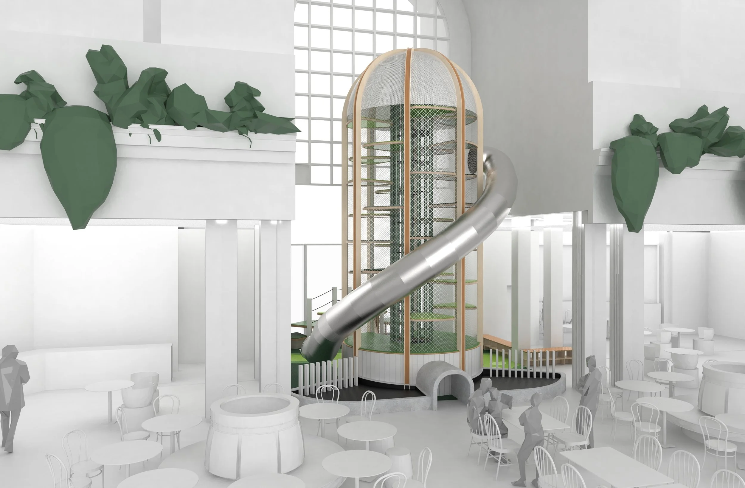 Indoor amusement park with a large tubular slide, surrounded by seating areas, plants, and a bright, open space with large windows.