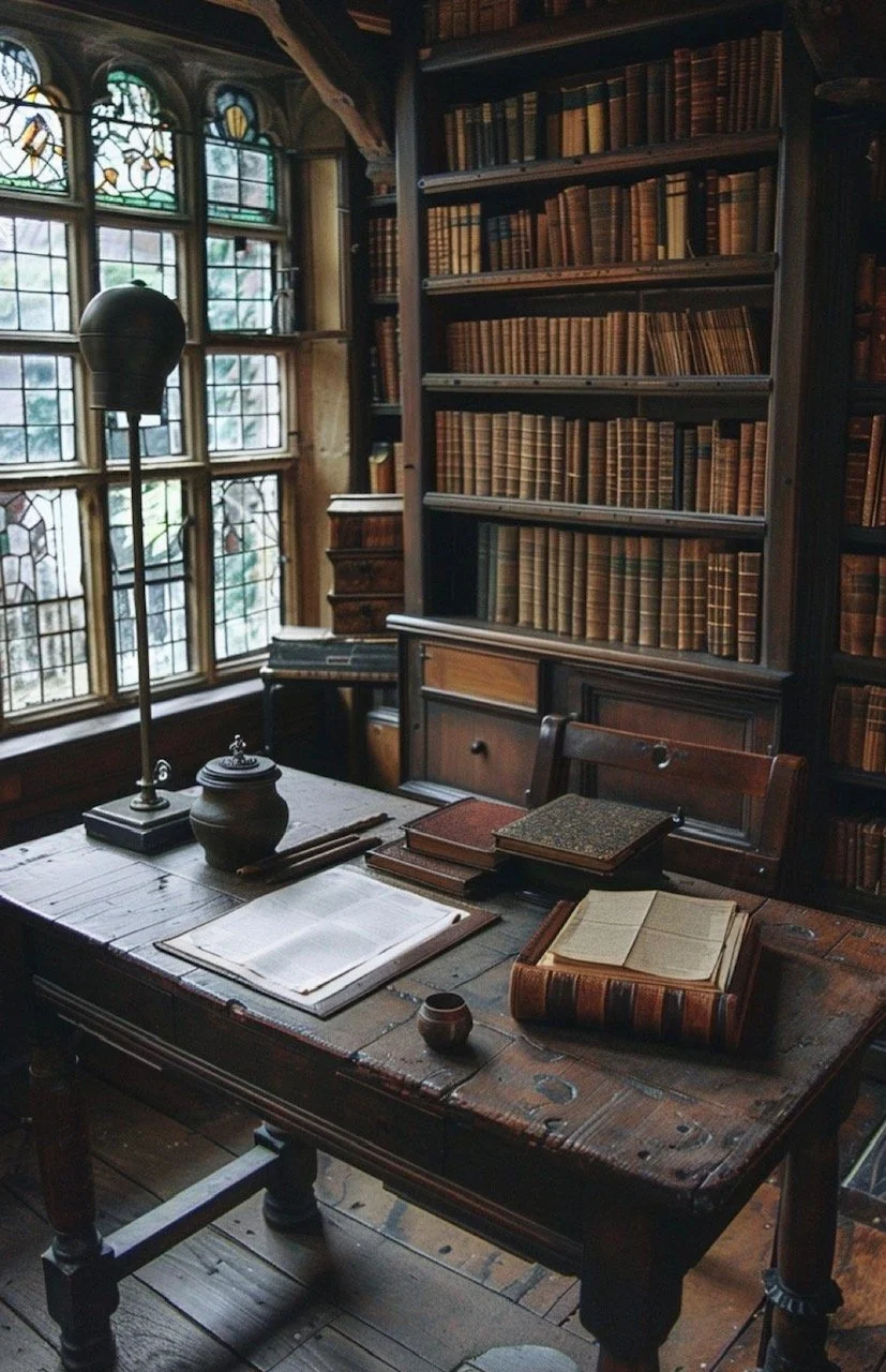 A cozy, vintage-style library or study room with a wooden desk, bookshelves filled with old books, and stained glass windows.