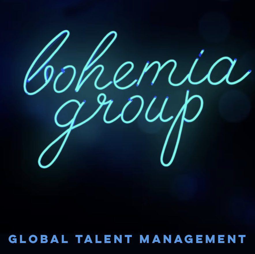 Neon sign reading 'bohemia group' with the subtitle 'global talent management'.