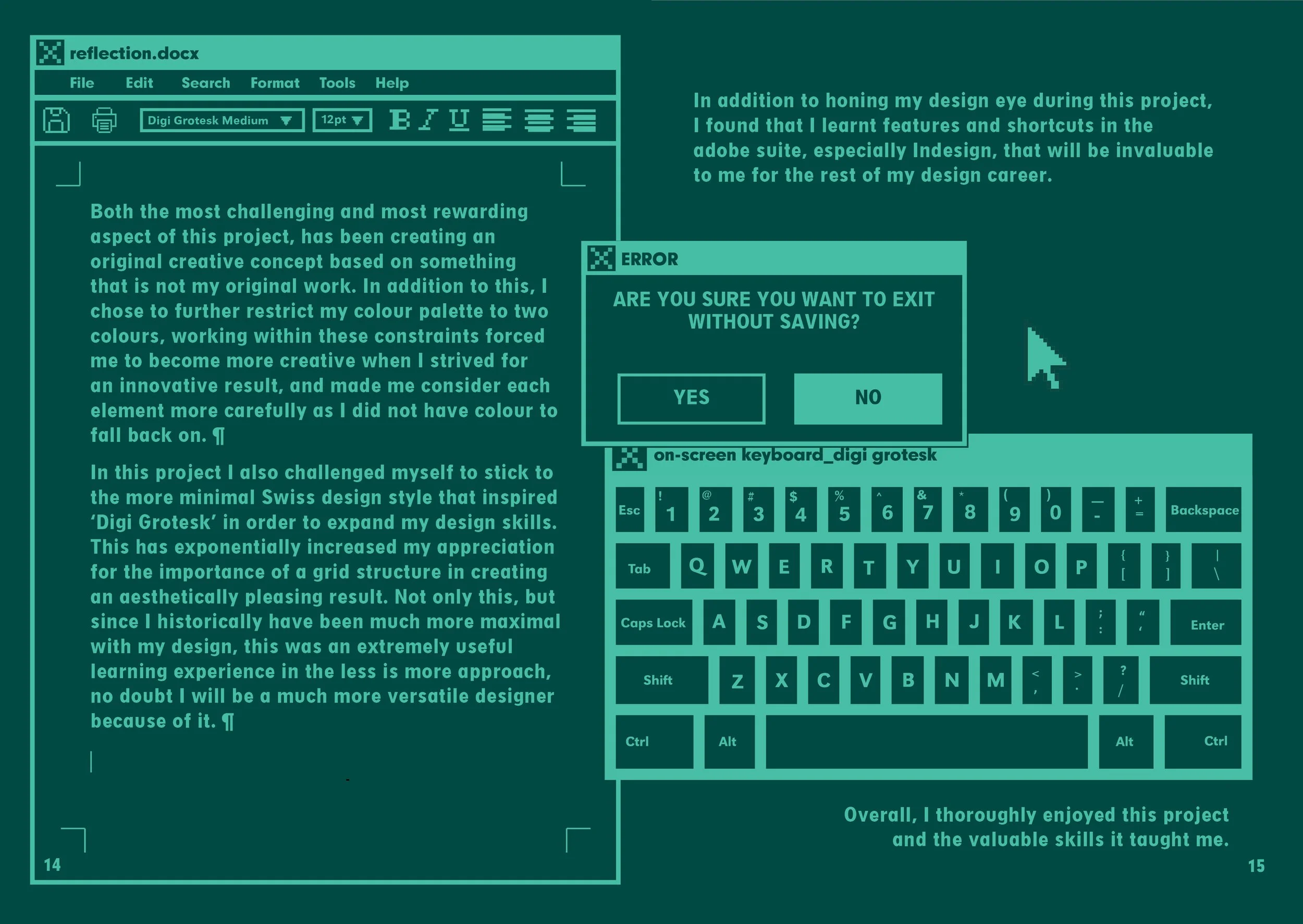 Screenshot of a digital document editing window with a turquoise theme, containing text, a keyboard layout, buttons, and a pop-up error message asking 'Are you sure you want to exit without saving?' with options 'Yes' and 'No'.